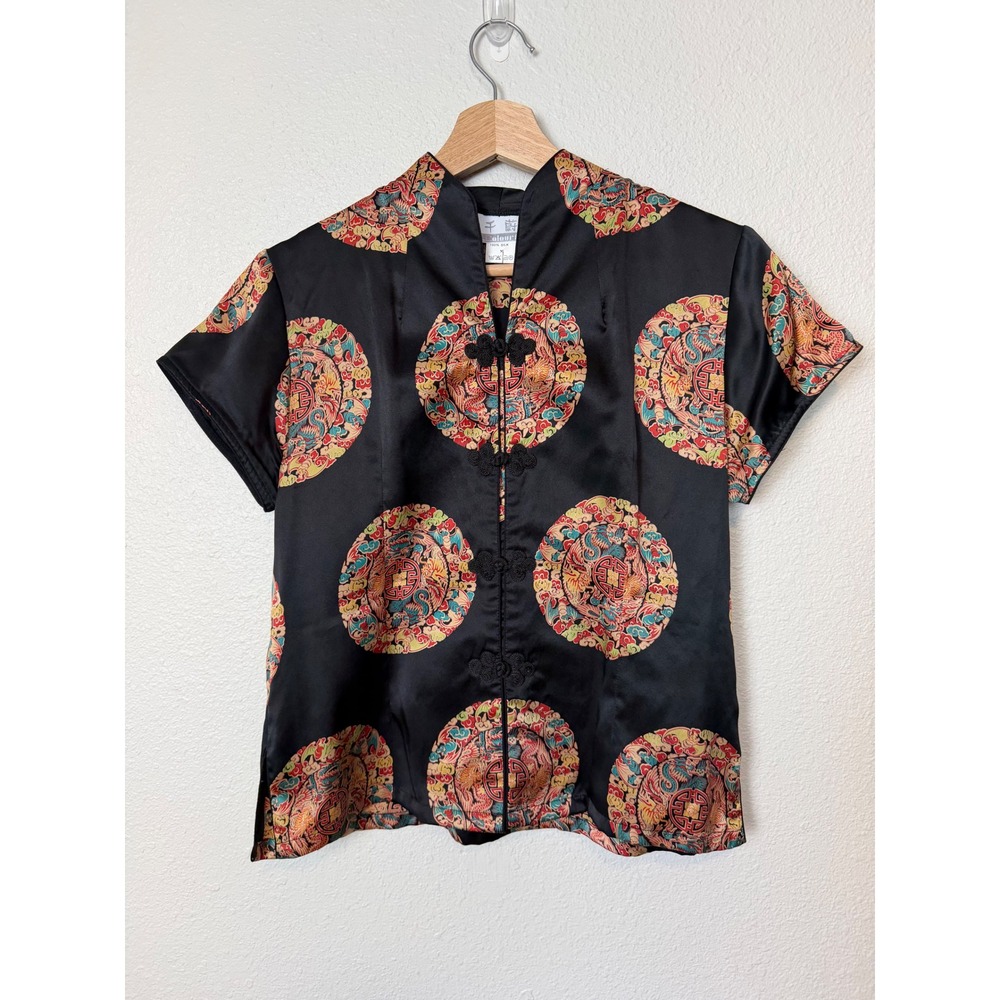 Q Colourful 100% Silk Mandarin Collar Frog Button‎ Dragon Medallion Top Black M